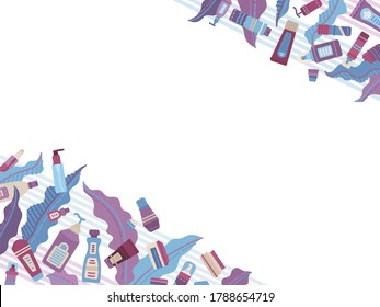 Vector flat cosmetics and skincare background. Plastic bottle, dispenser, container, jar, tube collection.  Cartoon shampoo, cream, lotion, scrub, perfume, soap, moisturizer, leaves. Banner template