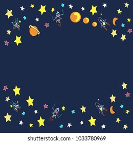 Vector flat cosmos design background.  Astronaut, Spaceship, Rocket, Moon, Stars in Outer space