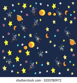 Vector flat cosmos design background.  Astronaut, Spaceship, Rocket, Moon, Stars in Outer space