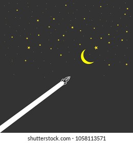 Vector flat cosmos design background. Cute template with Spaceship, Rocket, Moon and stars.