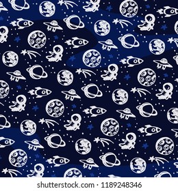 Vector flat cosmos design background with text. Cute template with Astronaut, Spaceship, Rocket, Moon, Black Hole, Stars in Outer space, galaxy background pattern