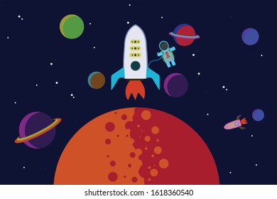 Vector flat cosmos design background. Cute template with Astronaut, Spaceship, Rocket, Moon, Black Hole, Stars in Outer space

