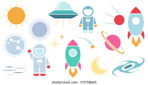 Vector flat cosmos design background. Cute template with Astronaut, Spaceship, Rocket, Moon, Black Hole, Stars