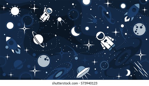 Vector flat cosmos design background. Cute template with Astronaut, Spaceship, Rocket, Moon, Black Hole, Stars in Outer space