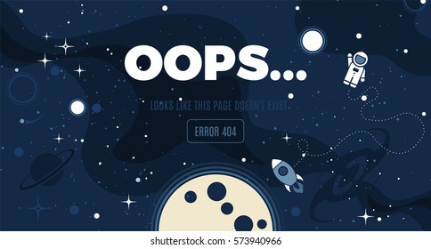 Vector flat cosmos design background with Error 404, page not found text. Cute template with Astronaut, Spaceship, Rocket, Moon, Black Hole, Stars in Outer space