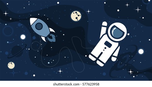 Vector flat cosmos design background. Cute template with Astronaut, Rocket, Moon, Stars in Outer space