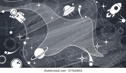 Vector flat cosmos design background. Cute template with Astronaut, Spaceship, Rocket, Moon, Black Hole, Stars in Outer space