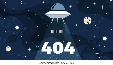 Vector flat cosmos design background with Error 404, page not found text.. Cute template with Alien Spaceship Ray, Moon, Stars in Outer space