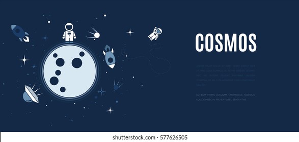 Vector flat cosmos design background with text. Cute template with Astronaut, Spaceship, Rocket, Moon, Black Hole, Stars in Outer space