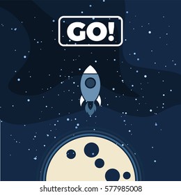 Vector flat cosmos design background. Cute template with Rocket, Moon, Stars in Outer space and Go button