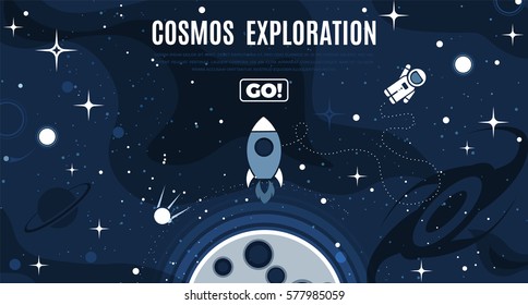 Vector flat cosmos design background with text. Cute template with Astronaut, Spaceship, Rocket, Moon, Black Hole, Stars in Outer space