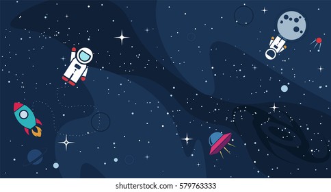 Vector flat cosmos design background. Cute template with Astronaut, Spaceship, Rocket, Moon, Black Hole, Stars in Outer space