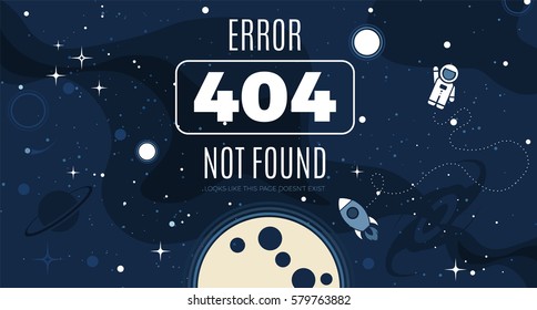 Vector flat cosmos design background with Error 404, page not found text. Cute template with Astronaut, Spaceship, Rocket, Moon, Black Hole, Stars in Outer space