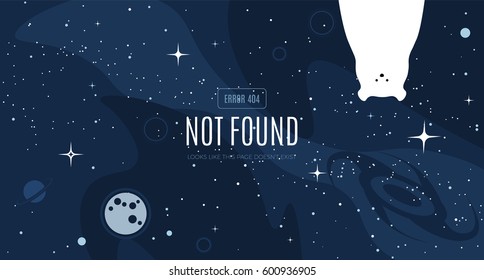 Vector flat cosmos design background with Error 404, page not found text. Cute template with Polar bear, Moon, Black Hole, Stars in Outer space