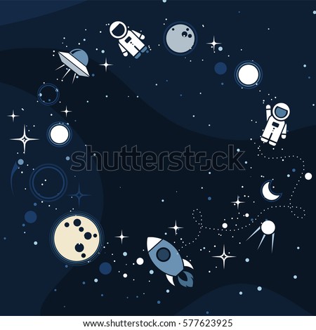 Vector flat cosmos design background. Cute template with Astronaut, Spaceship, Rocket, Moon, Black Hole, Stars in Outer space