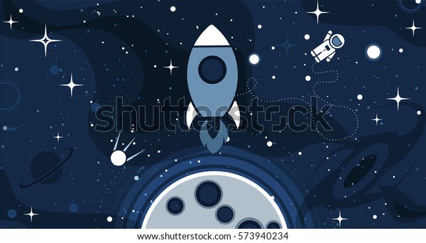 ベクターフラットコスモスデザイン背景 宇宙飛行士 宇宙船 ロケット 月 ブラックホール 宇宙の星を持つかわいいテンプレート のベクター画像素材 ロイヤリティフリー