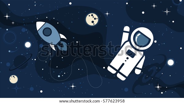 ベクターフラットコスモスデザイン背景 宇宙空間に宇宙飛行士 ロケット 月 星を持つかわいいテンプレート のベクター画像素材 ロイヤリティフリー