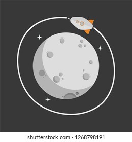 Vector Flat Cosmos Design With Rocket, Full Moon, Black Hole, And Stars.