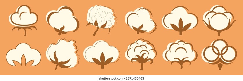 Vector Flat Cotton Icon Set. Minimalist cotton plant symbols in modern style. Soft organic fiber illustrations for textile, fabric, eco-friendly fashion, agriculture, and natural products