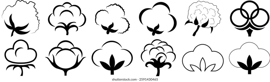 Vector Flat Cotton Icon Set. Minimalist cotton plant symbols in modern style. Soft organic fiber illustrations for textile, fabric, eco-friendly fashion, agriculture, and natural products