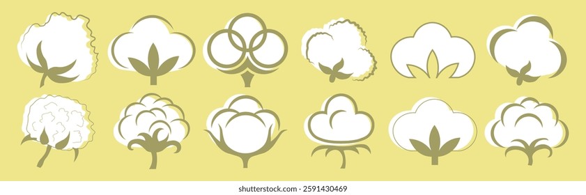 Vector Flat Cotton Icon Set. Minimalist cotton plant symbols in modern style. Soft organic fiber illustrations for textile, fabric, eco-friendly fashion, agriculture, and natural products