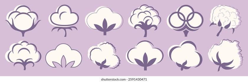 Vector Flat Cotton Icon Set. Minimalist cotton plant symbols in modern style. Soft organic fiber illustrations for textile, fabric, eco-friendly fashion, agriculture, and natural products