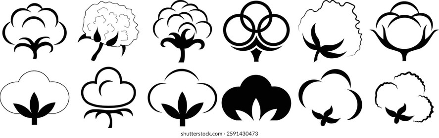 Vector Flat Cotton Icon Set. Minimalist cotton plant symbols in modern style. Soft organic fiber illustrations for textile, fabric, eco-friendly fashion, agriculture, and natural products