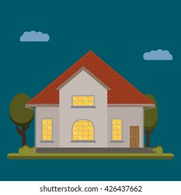 Vector a flat country house with trees.  The flat picture with the image of the house with the garage and trees.suburban  house.country house. country cottage 