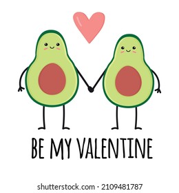 Vektorflachpaar Avocado mit Herz und mein Valentintext einzeln auf weißem Hintergrund