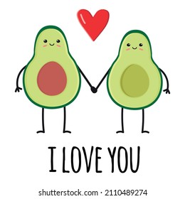 Vector flat couple of avocado with heart and I love you text isolated on white background