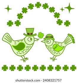 Vector flat a couple of Lucky birds with shamrock in its beak. Cute St. Patrick Day illustration