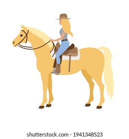 Vector flat cowboy blond woman girl riding western horse isolated on white background