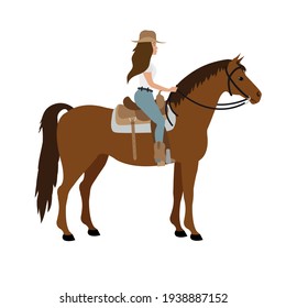 Vector flat cowboy woman girl riding western horse isolated on white background