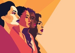 Vector Flat Creative Banner For International Women's Day, Women Of Different Cultures And Nationalities Stand Side By Side Together. Vector Concept Of Movement For Gender Equality Women Empowerment