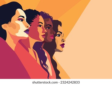 Vector flat creative banner for International Women's Day, women of different cultures and nationalities stand side by side together. Vector concept of movement for gender equality women empowerment