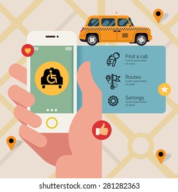 Vector flat creative infographics banner design on taxi service with wheelchair access application | Male hand holding phone with wheelchair accessible taxi hire service application running