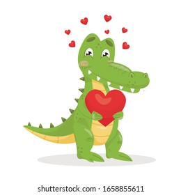 Vector flat crocodile holding big heart. Cute and shy little alligator on white isolated background