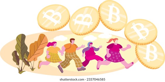 Vector flat crypto currency person business illustration.people catch and holding bitcoin coin symbol isolated on white background. Design element for banner, poster, web, infographic.  