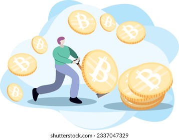 Vector flat crypto currency person business illustration.bitcoin coin mining symbol isolated on white background. Design element for banner, poster, web, infographic. Concept of ai in trading