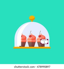 Vector flat cupcake in cloche icon. Food plate illustration