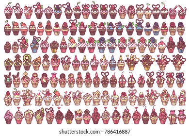vector Flat cupcakes graphic decorated: cream, chocolate, berries, hearts. Cute decorative elements. Festive food collection. Colorful illustration. Party sweets set isolated transparent background.