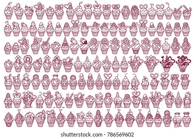 vector Flat cupcakes graphic decorated: cream, chocolate, berries, hearts. Cute decorative elements. Festive food collection. Colorful illustration. Black and white party sweets set.