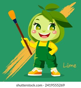 Vector flat custom illustration of a cartoon creative lime character with a brush in paint.
