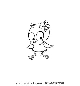 Vector flat cute baby chicken monochrome small funny character chick flower in hair. Flat bird animal, isolated illustration on a white background, poultry, farm kids coloring book design object.