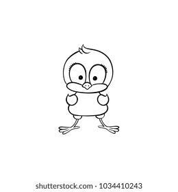 vector flat cute baby chicken monochrome small funny female character chick standing. Flat bird animal, isolated illustration on a white background, poultry, farm kids coloring book design object.