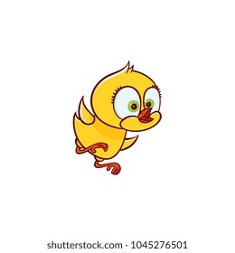 vector flat cute baby chicken yellow small funny character chick learning to fly. Flat bird animal, isolated illustration on a white background, poultry, farm kids design object.