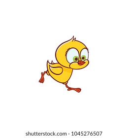 vector flat cute baby chicken yellow small funny character chick running. Flat bird animal, isolated illustration on a white background, poultry, farm kids design object.