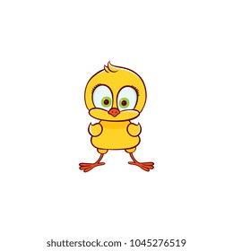 vector flat cute baby chicken yellow small funny female character chick standing. Flat bird animal, isolated illustration on a white background, poultry, farm kids design object.
