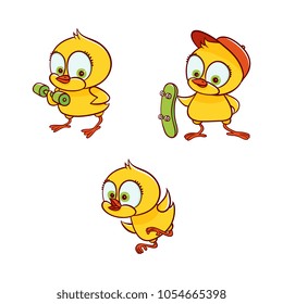 vector flat cute baby chicken yellow small funny chick set. run Bird animal characters learning to fly, workout with dumbbell, skateboarding, isolated illustration white background kids design object.