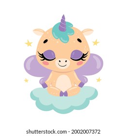 Vector flat cute cartoon doodle unicorn meditation. Magic animals meditate. Animals yoga